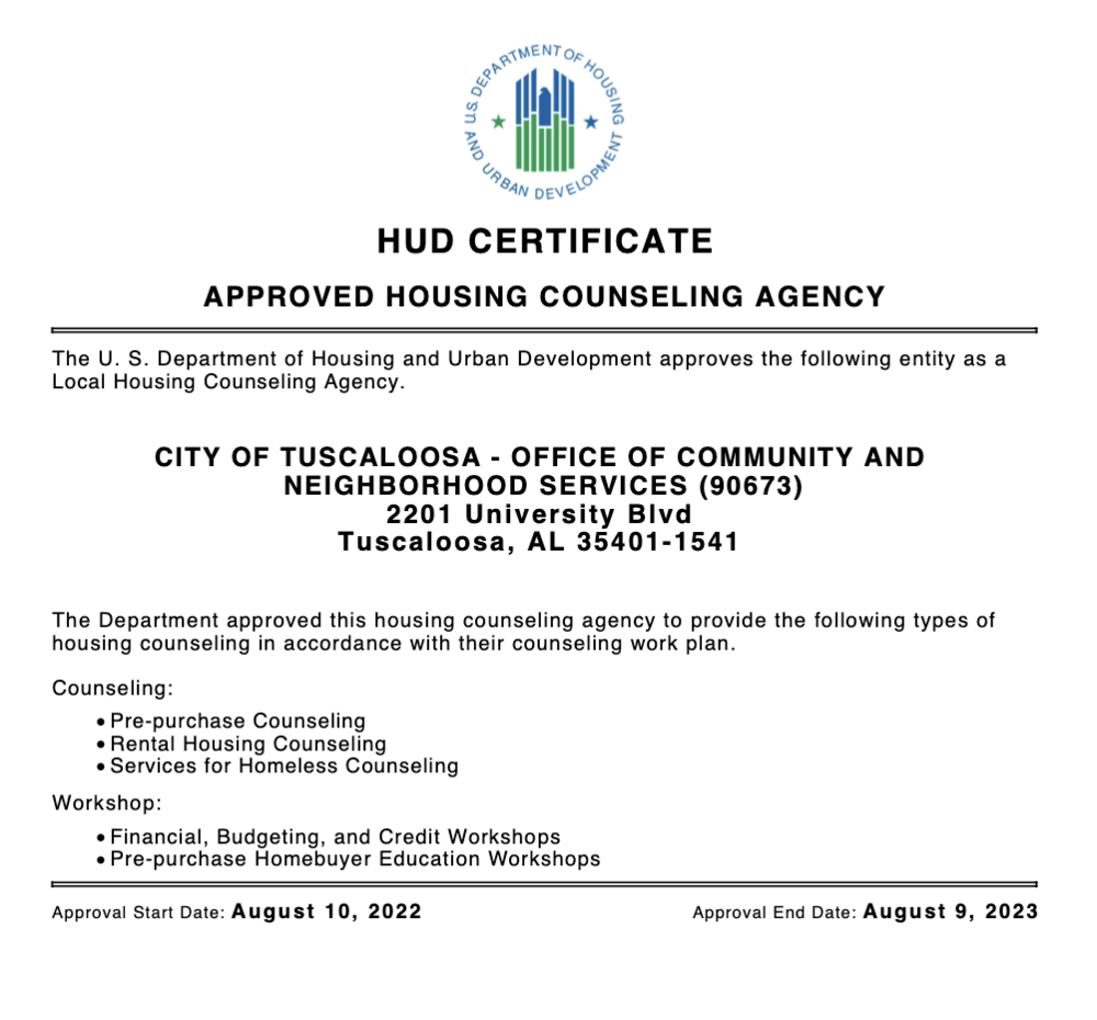 City Of Tuscaloosa Designated As A HUD Housing Counseling Agency City Of Tuscaloosa